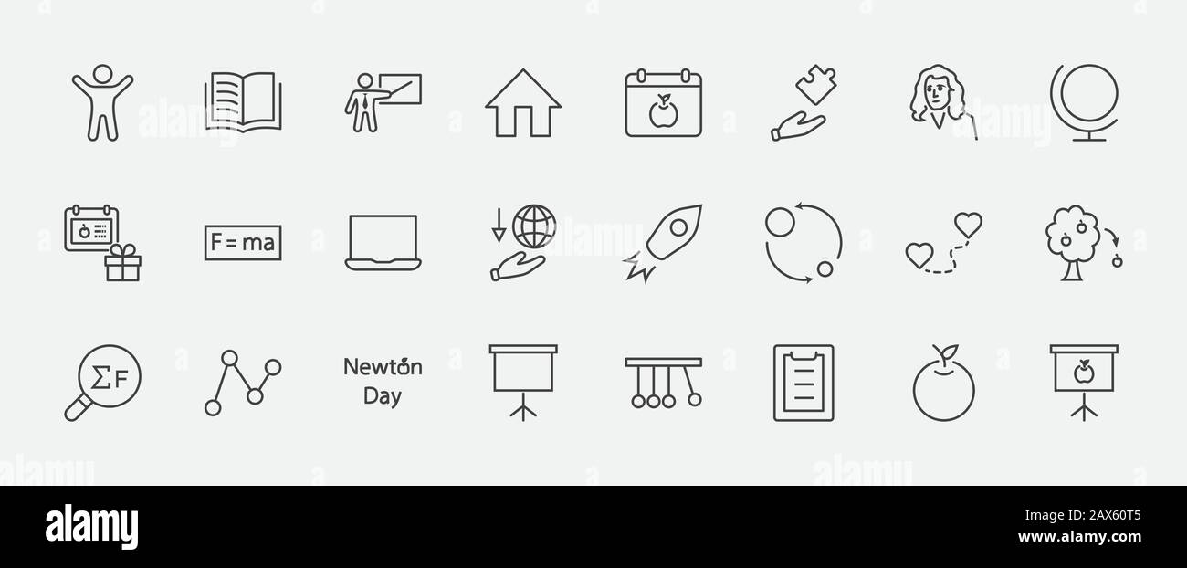 Newton's Day Set Line Vector Icon. Contains such Icons as Newton, Laws of physics and gravity, Flying Apple, Calendar, Teacher, blackboard and project Stock Vector
