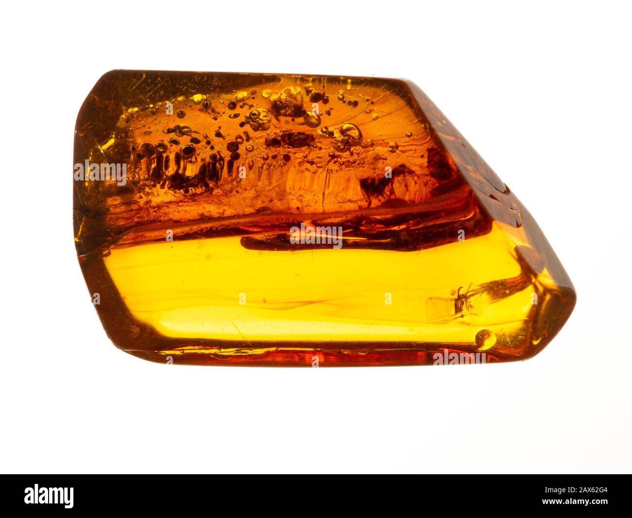 A piece of baltic amber, isolated. Amber is fossilized tree resin. This piece contains numerous bits of plant material and other debris. Stock Photo