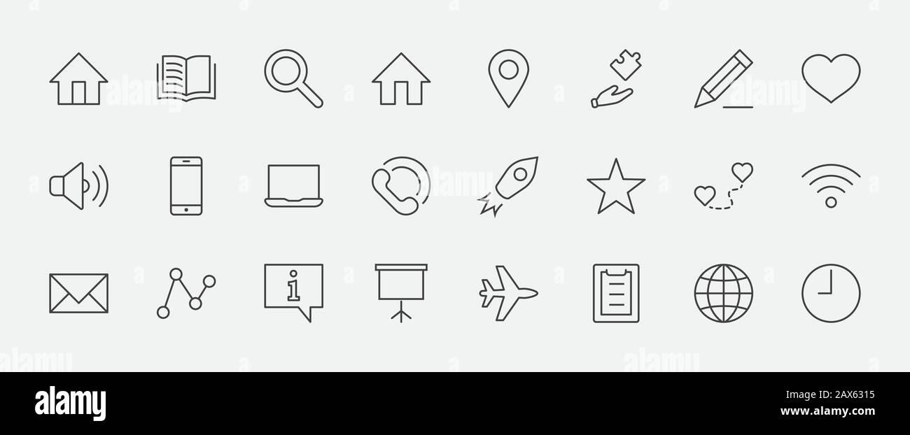 Set of Web Vector Line Icons. Contains such Icons as Globe, Wi-fi, Home, Heart, Phone, Pencil, Time Clock, Star and more. Editable Stroke. 32x32 Pixel Stock Vector
