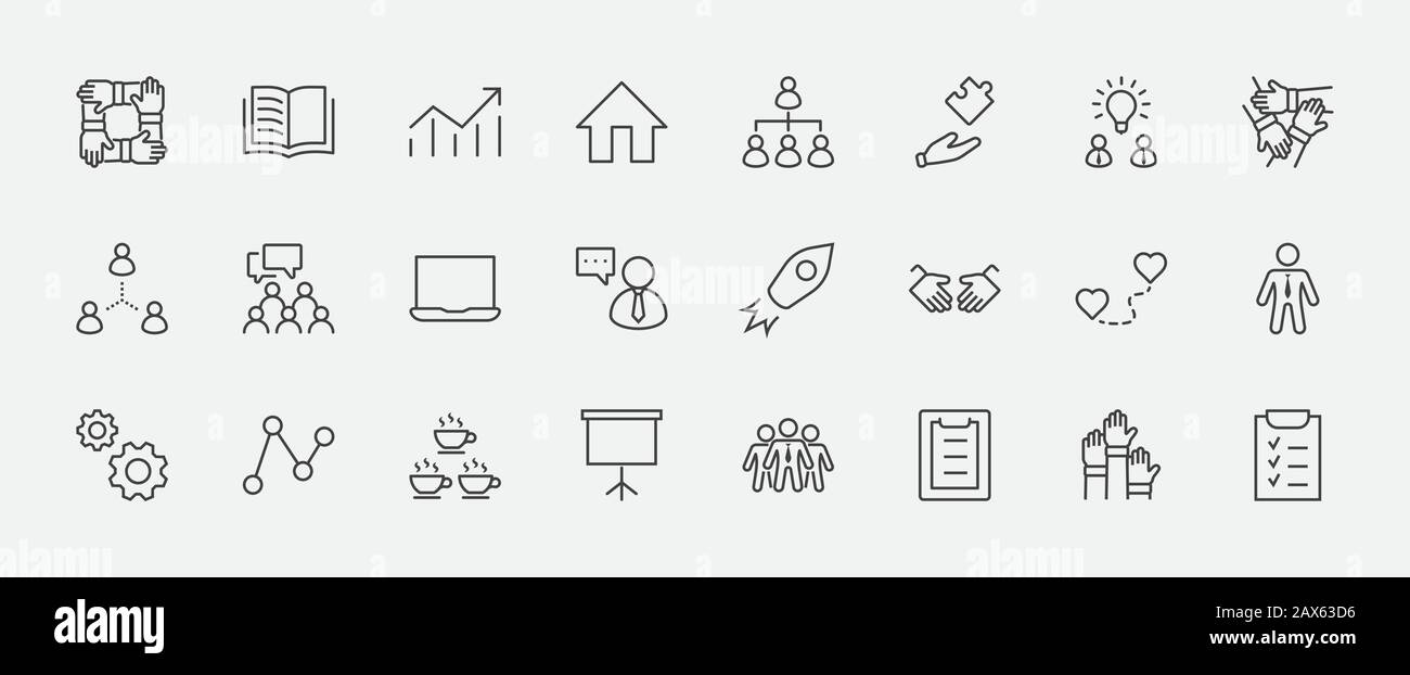 Set of Team Work Related Vector Line Icons. Contains such Icons as Handshake, Check, Idea, Coffee, Gears, Cooperation, Collaboration, Team Meeting and Stock Vector