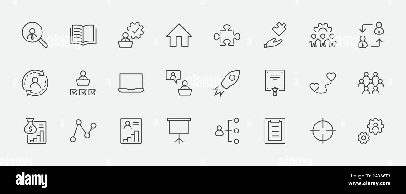 Set of People Management Related Vector Line Icons. Contains such Icons as Target, Puzzle, Certificate, Personal data processing, Task Manager, Qualif Stock Vector