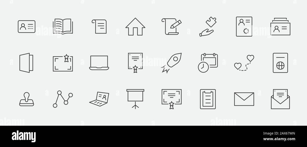 Set of Legal Documents Related Vector Line Icons. Contains such Icon as Visa, Contract, Declaration, License, Permission, Grant and more. Editable Str Stock Vector