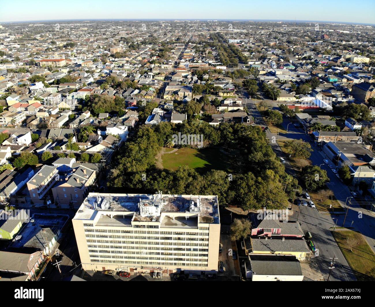 New Orleans, Louisiana, U.S.A - February 7, 2020 - The aerial view of the residential areas, park and buildings on French Quarter Stock Photo