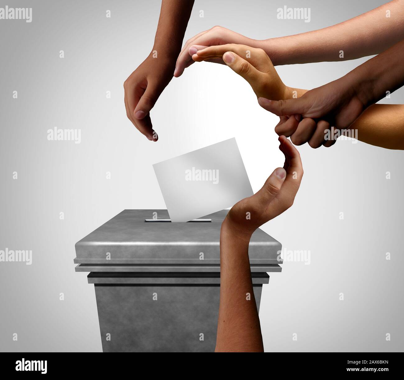 Community voters and voting diversity concept and diverse hands casting ballots at a polling station as a democratic right in a democracy. Stock Photo