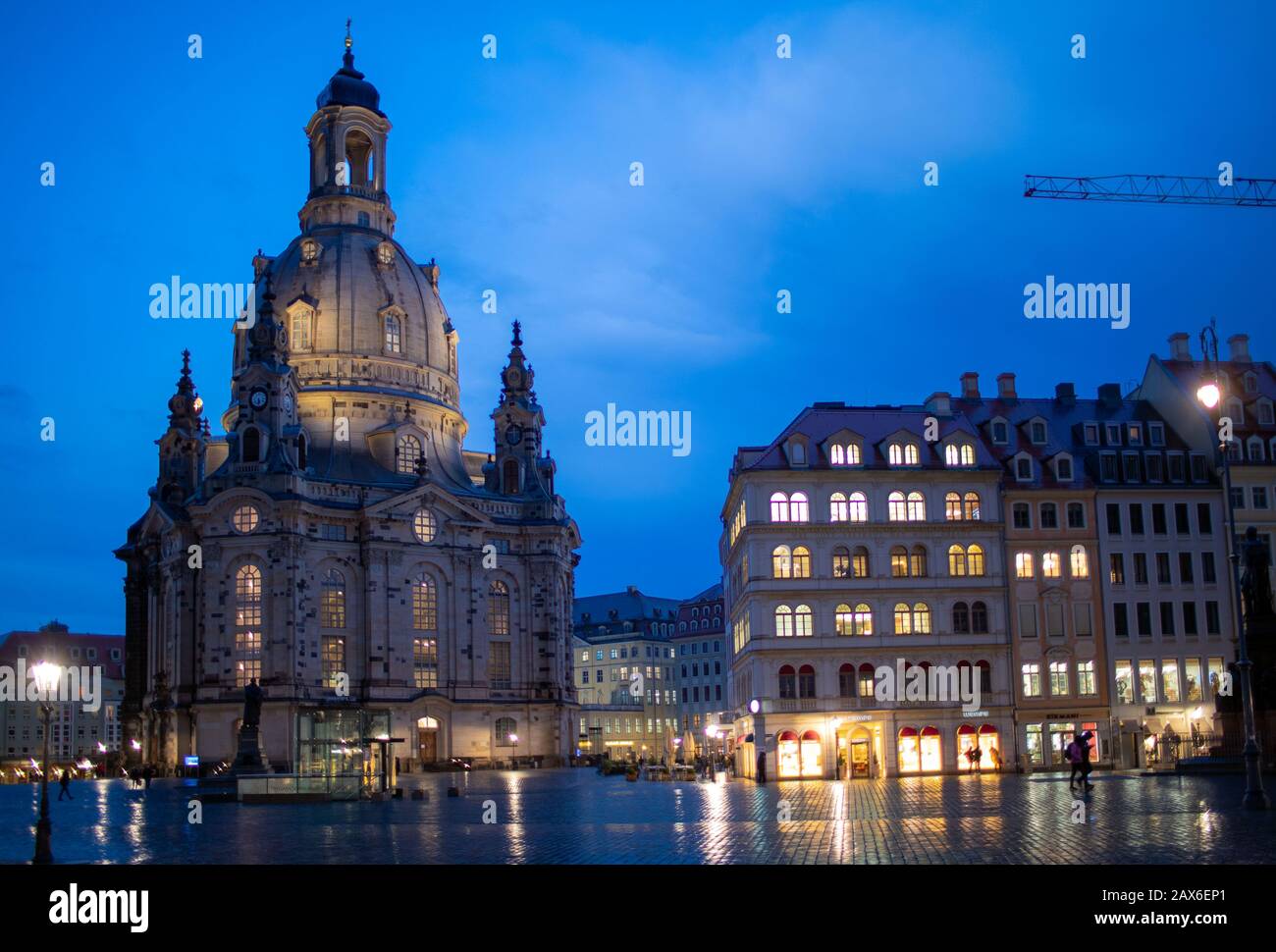 Dresden, Germany. 10th Feb, 2020. The Frauenkirche can be seen when it rains during the so-called blue hour. Dresden's city centre had been destroyed in attacks by British and American bombers on 13 February 1945 and in the following days. Up to 25,000 people died. Every year on February 13th the inhabitants of the city commemorate the fate of their town. Credit: Jens Büttner/dpa-Zentralbild/dpa/Alamy Live News Stock Photo