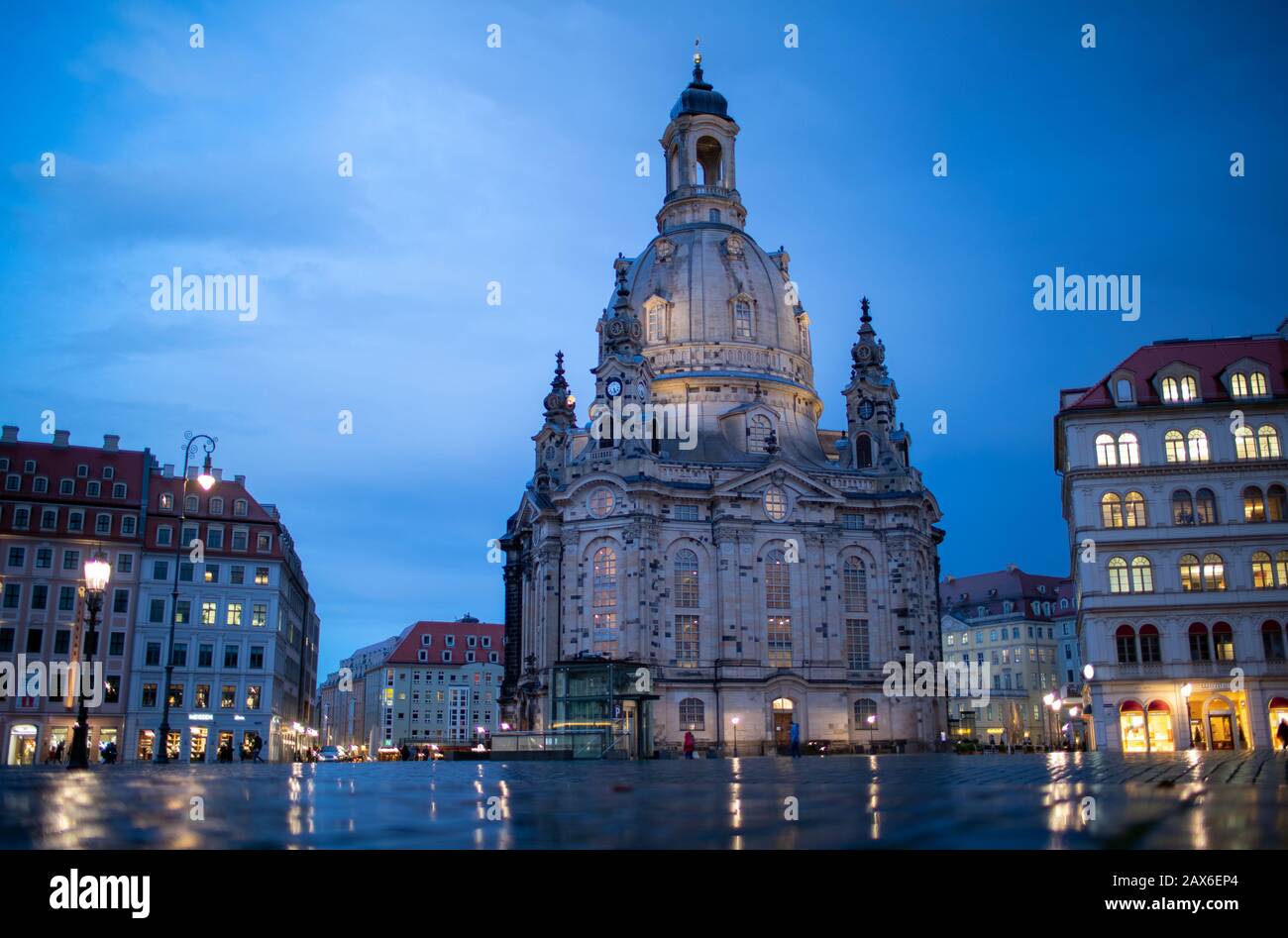 Dresden, Germany. 10th Feb, 2020. The Frauenkirche can be seen when it rains during the so-called blue hour. Dresden's city centre had been destroyed in attacks by British and American bombers on 13 February 1945 and in the following days. Up to 25,000 people died. Every year on February 13th the inhabitants of the city commemorate the fate of their town. Credit: Jens Büttner/dpa-Zentralbild/dpa/Alamy Live News Stock Photo