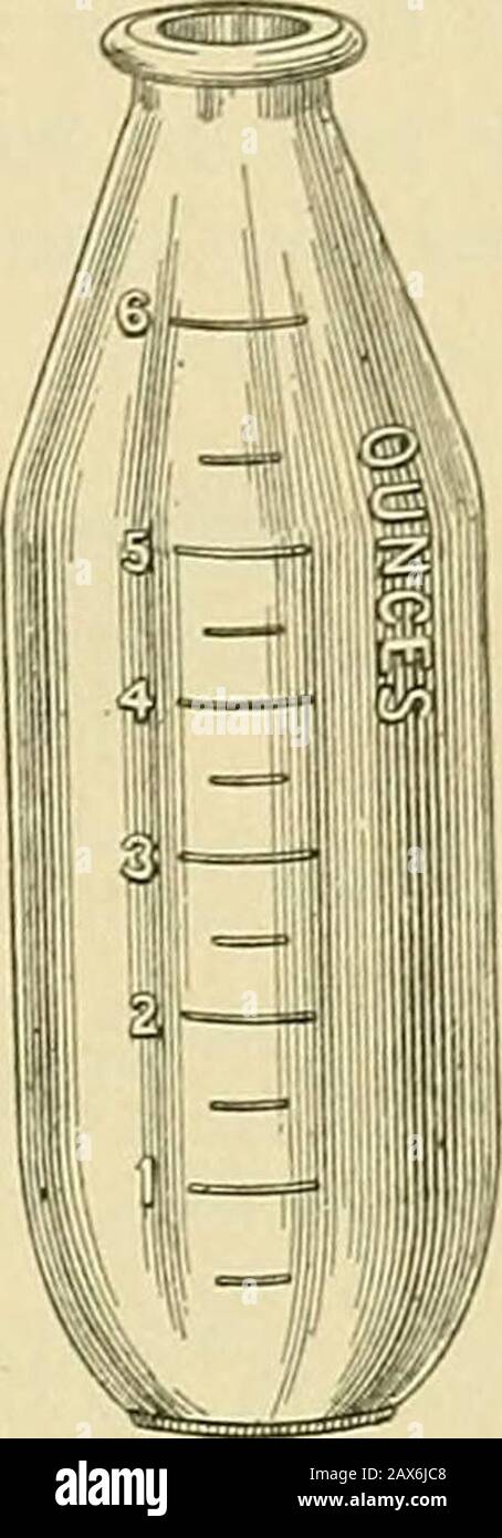 The practice of obstetrics, designed for the use of students and practitioners of medicine . Fig. 994.—A Good Type of RubberNipple. Fig. 995. -A Good Type of Feeding-bottle. the necessary proportions. The formulae which have been given may be used.When sterilization is necessary, the modified milk may be placed in the feeding-bottles, the mouths of which are to be plugged with sterile cotton, and placedin a wire rack in the sterilizing dish and lowered into the water, the temperatureof which is then slowly raised to 167° F. and kept there for twenty minutes.After this the bottles are to be kep Stock Photo