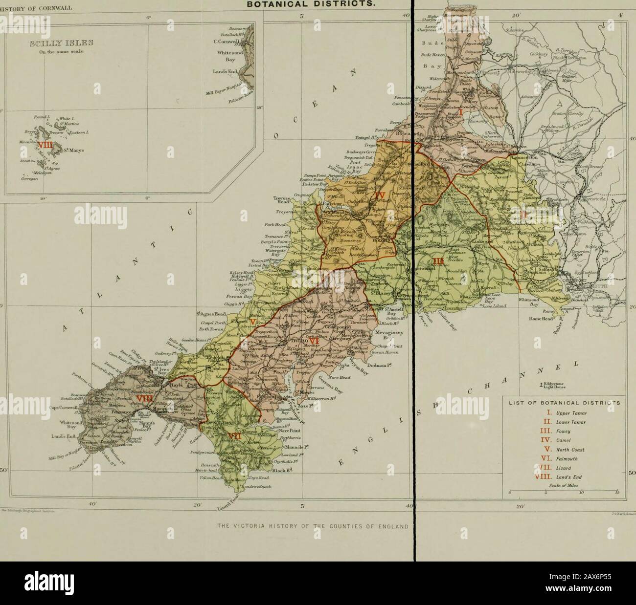 The Victoria history of the county of Cornwall . ^Whiu t. BatalLuiiB9C.CoilIWEL 40. dO J G Bar^oLnn* BOTANY A BRIEF glance at a map of Cornwall would prepare the averagefield botanist for a rich harvest. Favoured geographically, in-asmuch as they come within range of the genial operations ofthe Gulf Stream ; including a coast line which may be takenapproximately as 250 miles ; furnished with a chain of bold hillsforming a sort of backbone to the county ; and including among otheradvantages densely wooded and well watered valleys opening to the sea onboth the north and the south coast, a good Stock Photo