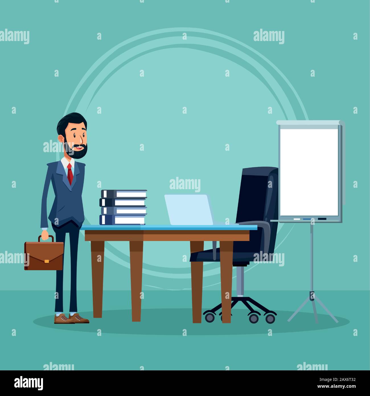 cartoon businessman standing in front of office desk with laptop ...