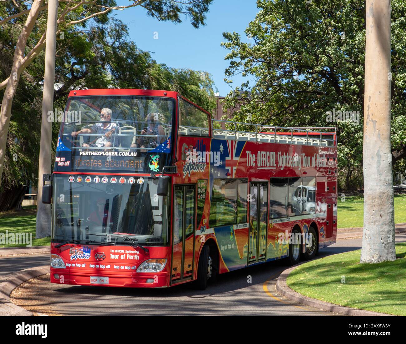 Double decker tourist bus seen in Kings Park, Perth, Australia. Stock Photo