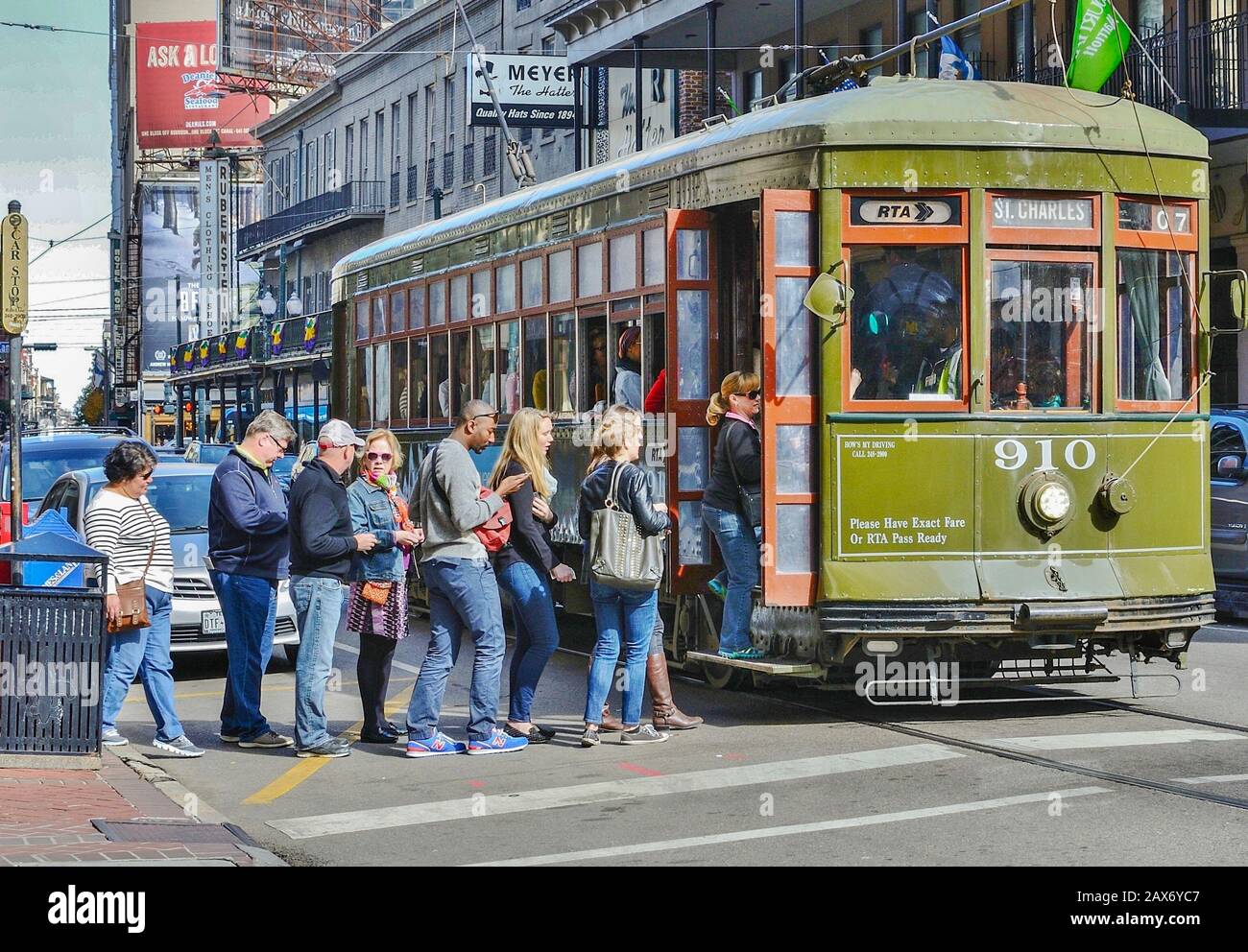 People Boarding the St. Charles Streetcar in New Orleans, Louisiana Stock Photo
