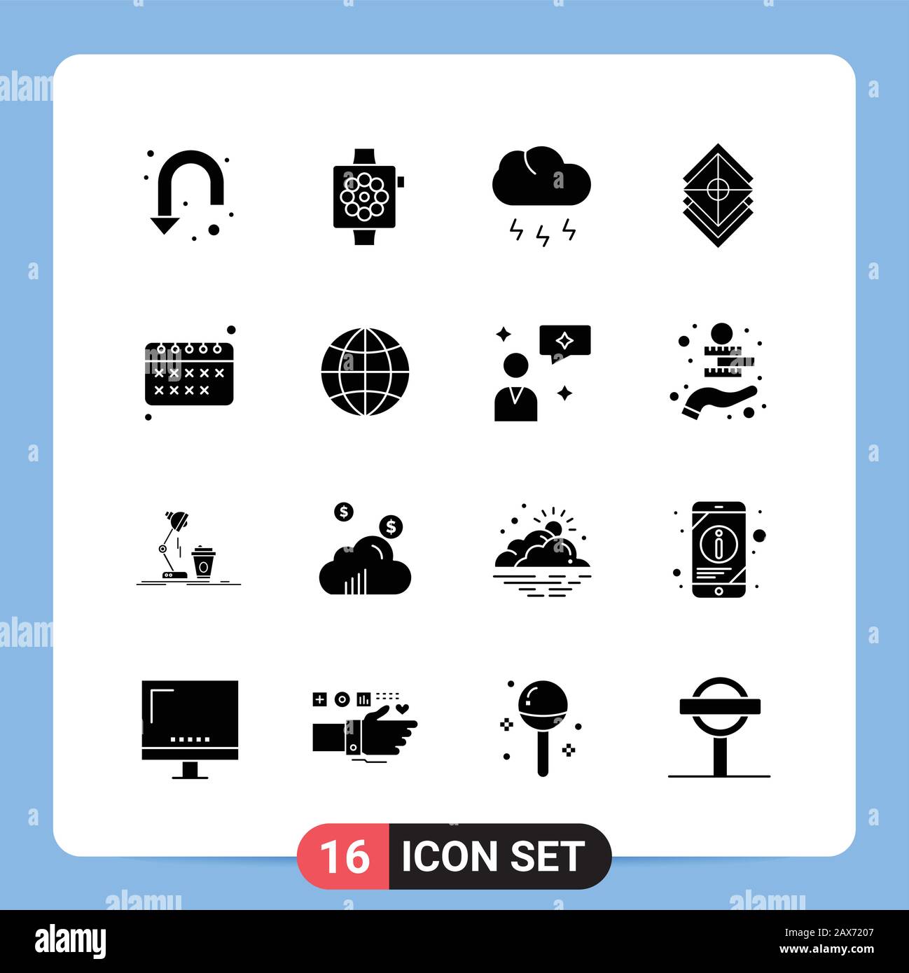 16 Solid Black Icon Pack Glyph Symbols for Mobile Apps isolated on