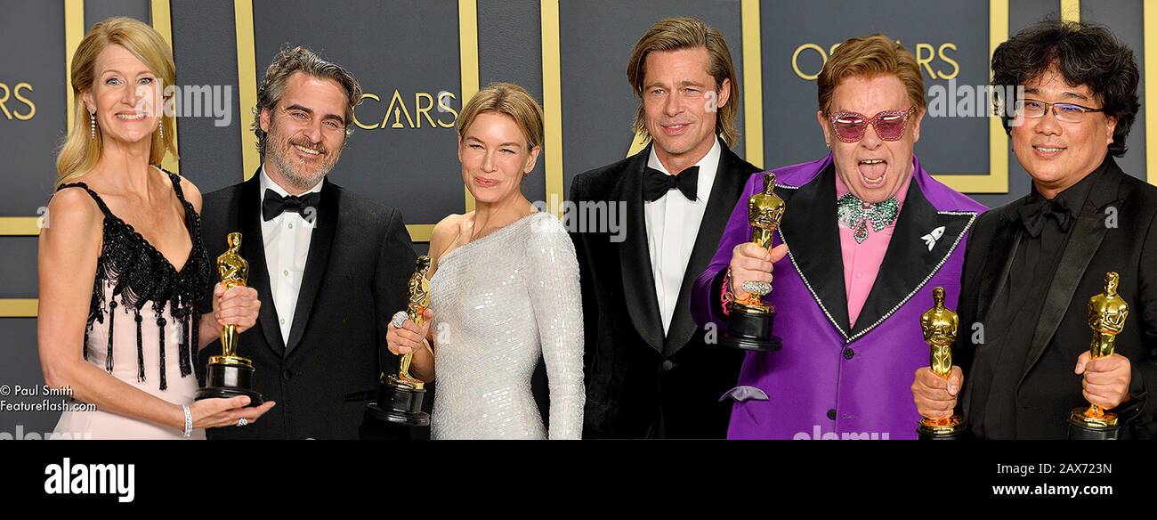 ***COMPOSITE IMAGE*** LOS ANGELES, USA. February 09, 2020: Laura Dern, Joaquin Phoenix, Renee Zellweger, Brad Pitt, Sir Elton John & Bong Joon Ho in the press room at the 92nd Academy Awards at the Dolby Theatre. Picture: Paul Smith/Featureflash ***COMPOSITE IMAGE*** Stock Photo