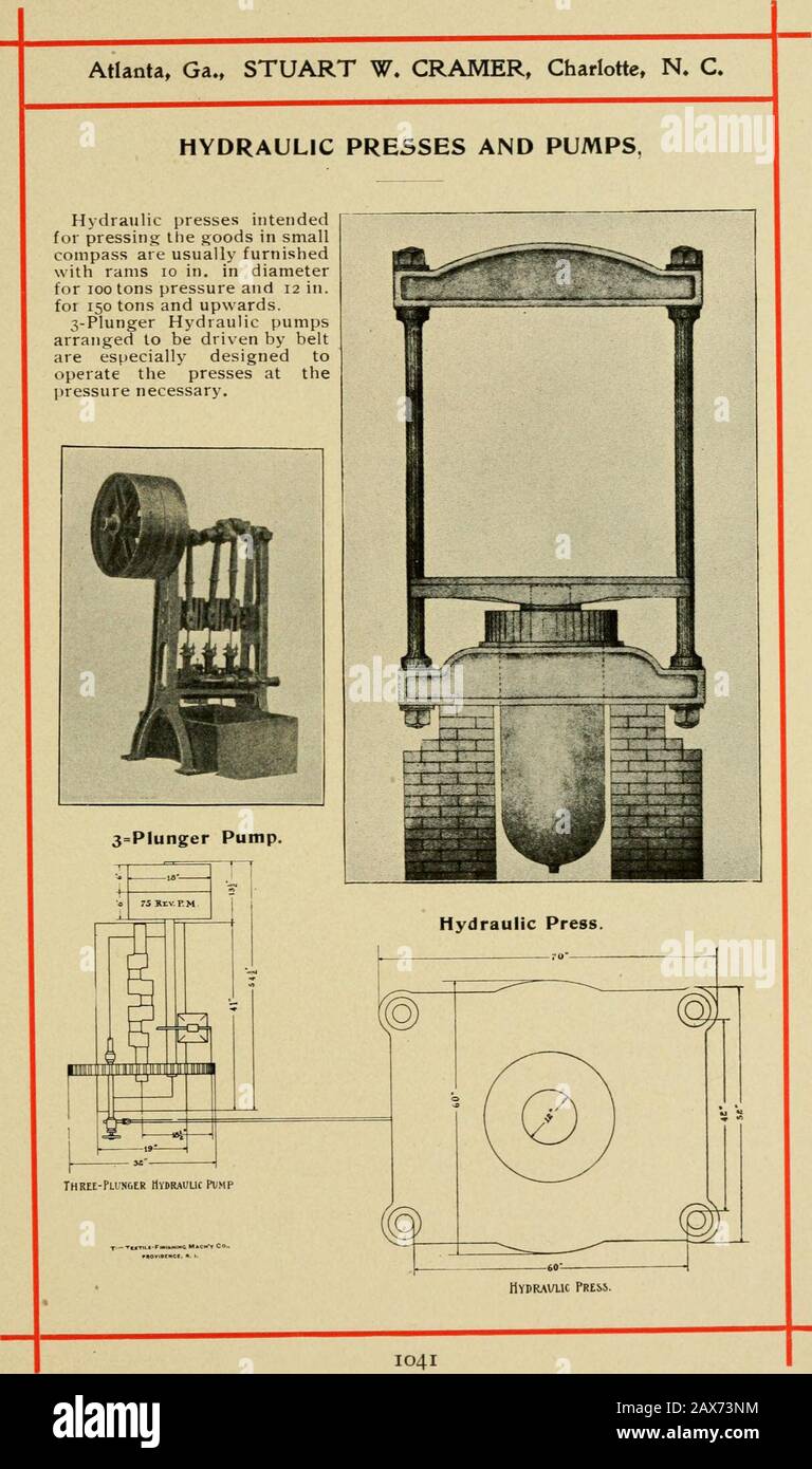 Useful information for cotton manufacturers . 1040 Atlanta, Ga., STUART W. CRAMER, Charlotte, N. C, HYDRAULIC PRESSES AND PUMPS, Hydraulic presses intendedfor pressing the goods in smallcompass are usually furnishedwith rams lo in, in diameterfor 100 tons pressure and 12 in.for 150 tons and upwards. 3-Plunger Hydraulic pumpsarranged to be driven by beltare especially designed tooperate the presses at thepressure necessary.. Atlanta, Ga.» STUART W. CRAMER, Charlotte, N. C. The Textile-Finishing Machinery Co/s Dye-ing, Bleaching and FinishingMachinery, Concluded* In addition to the warp dyeing, Stock Photo