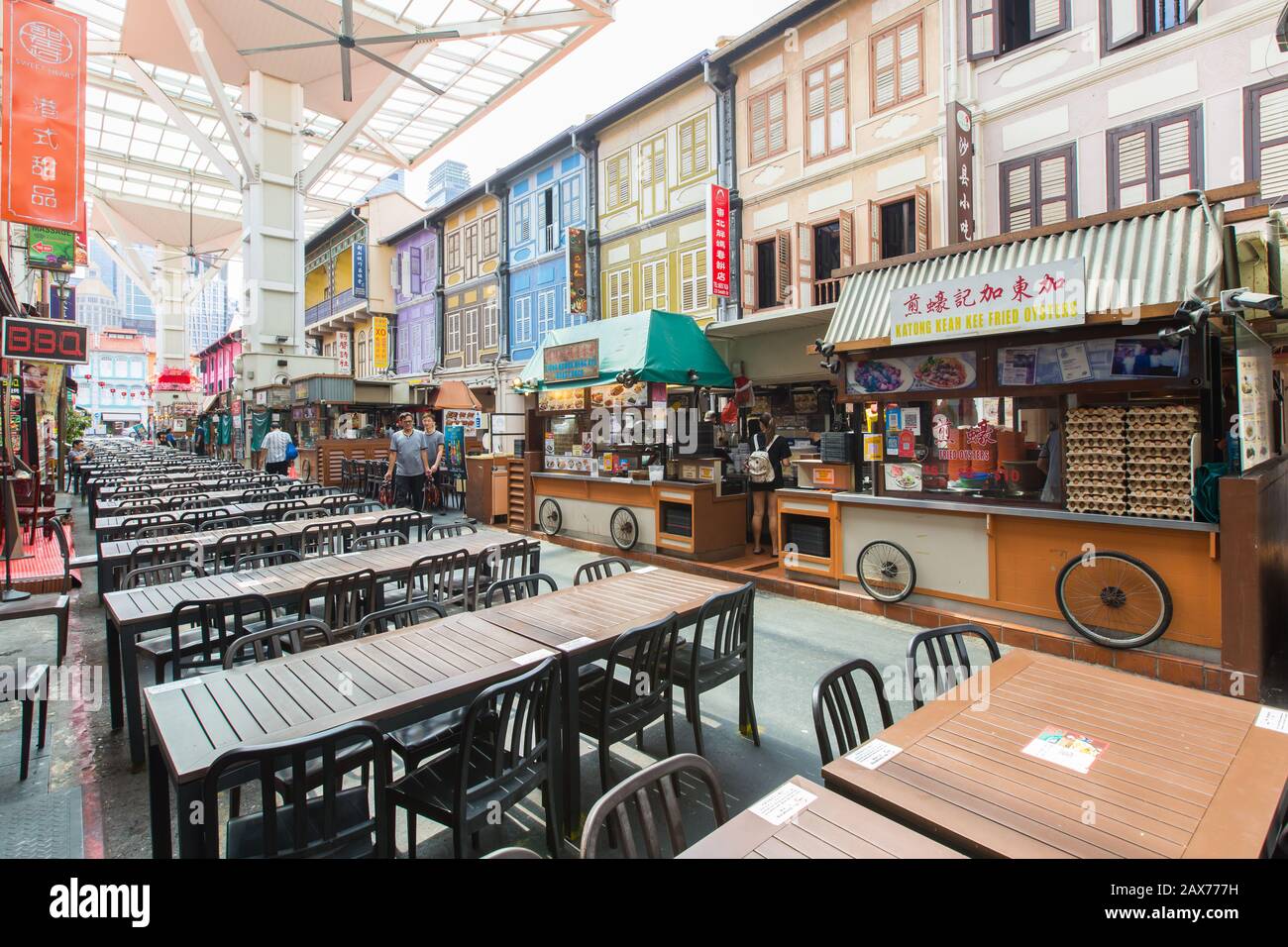 No sit in people at Chinatown Food Street as it is affected by Covid-19 breakout. Singapore. Stock Photo