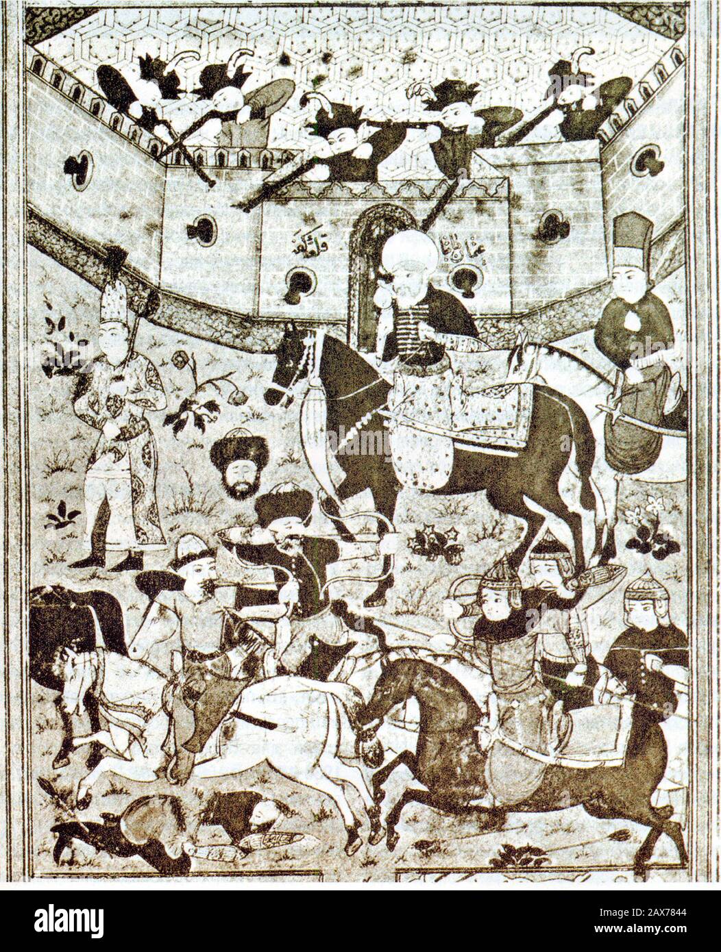 The battle at the walls of Kaffa in the Crimea. Medieval Turkish miniature of 1586. Stock Photo