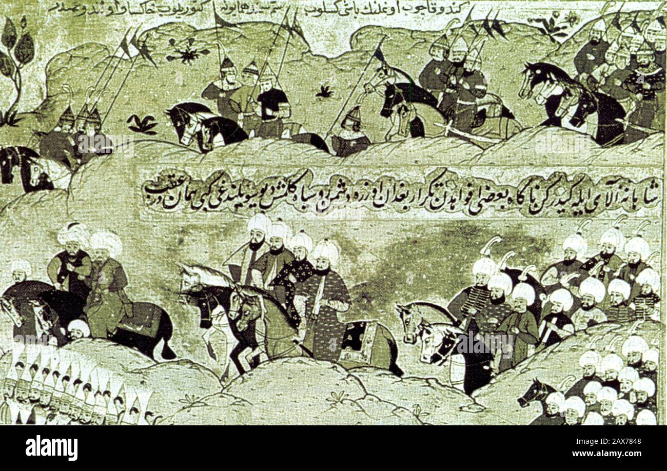 The meeting of the Crimean and Ottoman troops in 1538. Medieval Turkish miniature. Stock Photo