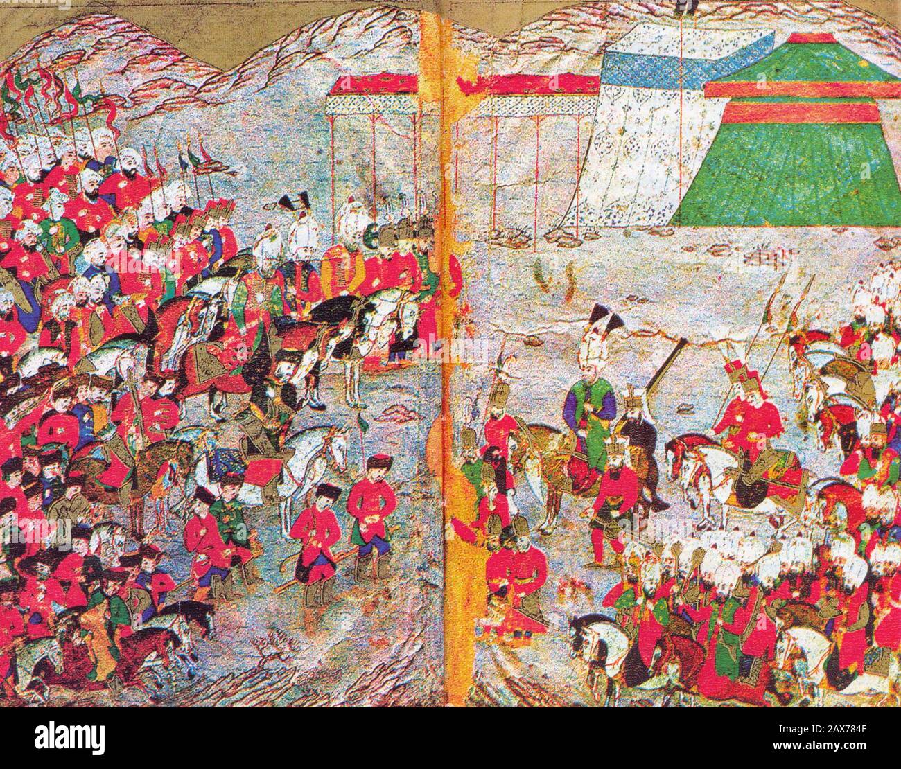 Crimean Khan Gazi II Geray hurries to help the Ottoman Sultan Mehmed III. Medieval turkish miniature. Stock Photo