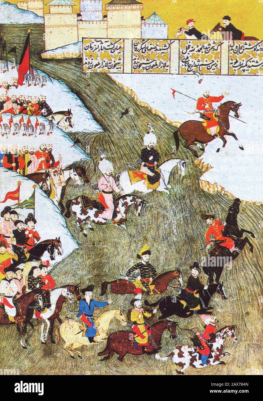 The crossing of the Crimean and Ottoman troops across the Danube during the military campaign against the Hungarians in 1566. Turkish miniature of 1579. Stock Photo