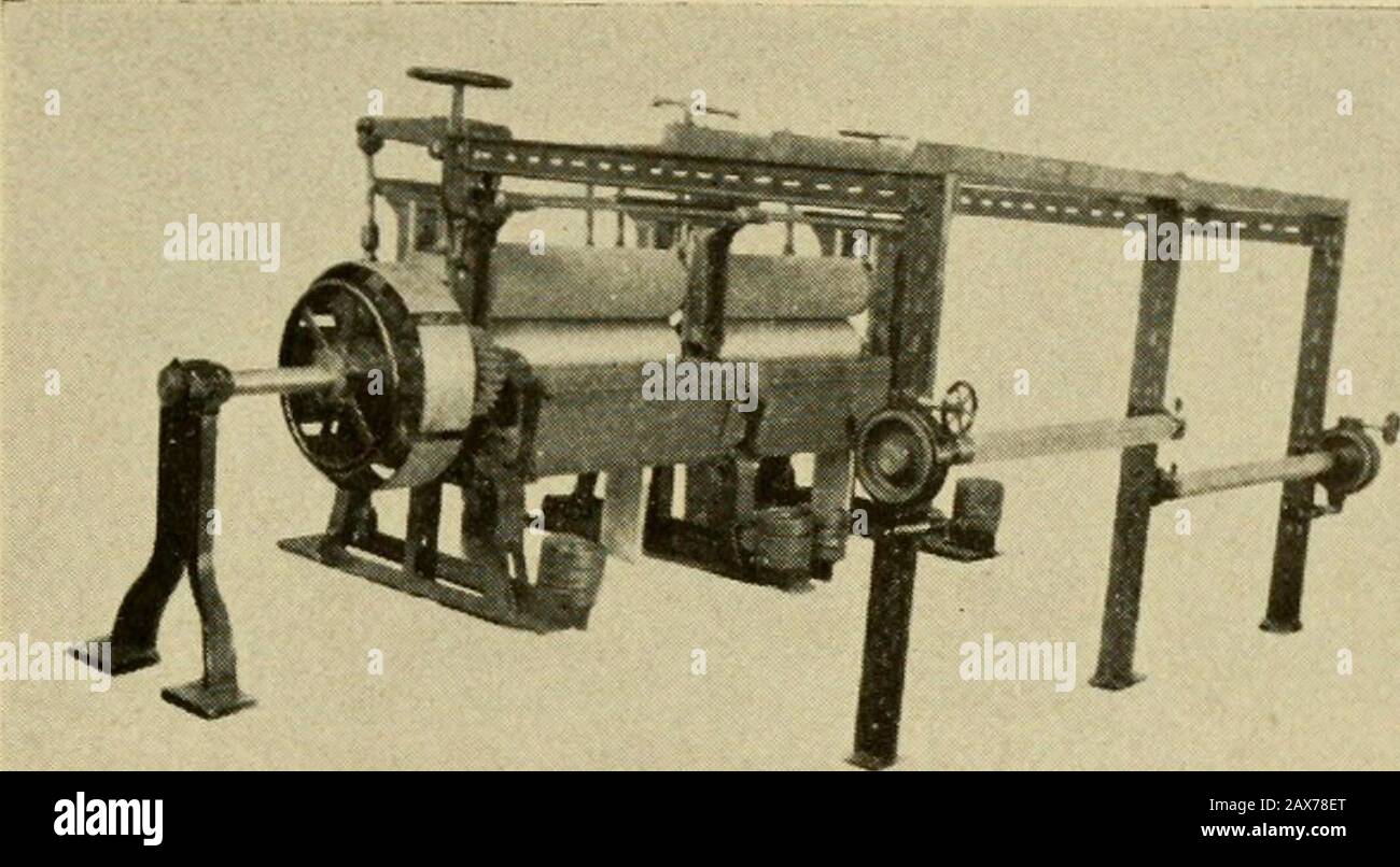 Useful information for cotton manufacturers . d inlarge rolls in one run without rehandling. thereby reducingthe cost of labor to a minimum. Sometimes a back starch-ing machine is furnished in place of the usual two-rollmangle. The drying machine is sometimes omitted, in whichcase the floor space required is reduced, and the capacity cutdown from one-third to one-half. The drying machine mustbe kept comparatively small, as if the goods are too dry theycan not properly be fed to the tenter, are very hard to stretch,and become harsh and more like goods that are dried on cylin-der drying machines Stock Photo