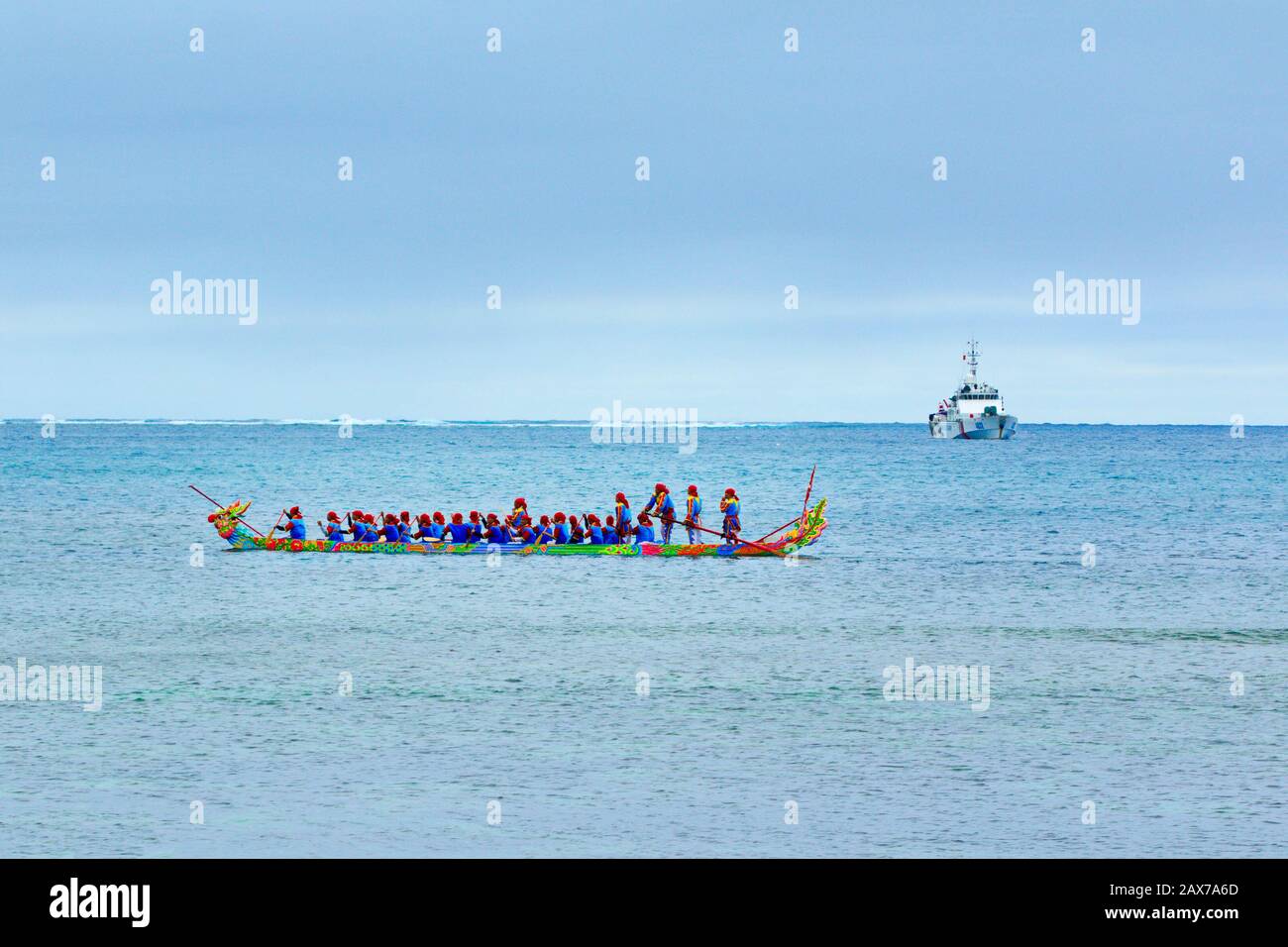 Ly Son island, local fishermen rehearsing for a traditional boat race around the island. This is a common practice at the beginning of the new year. Stock Photo