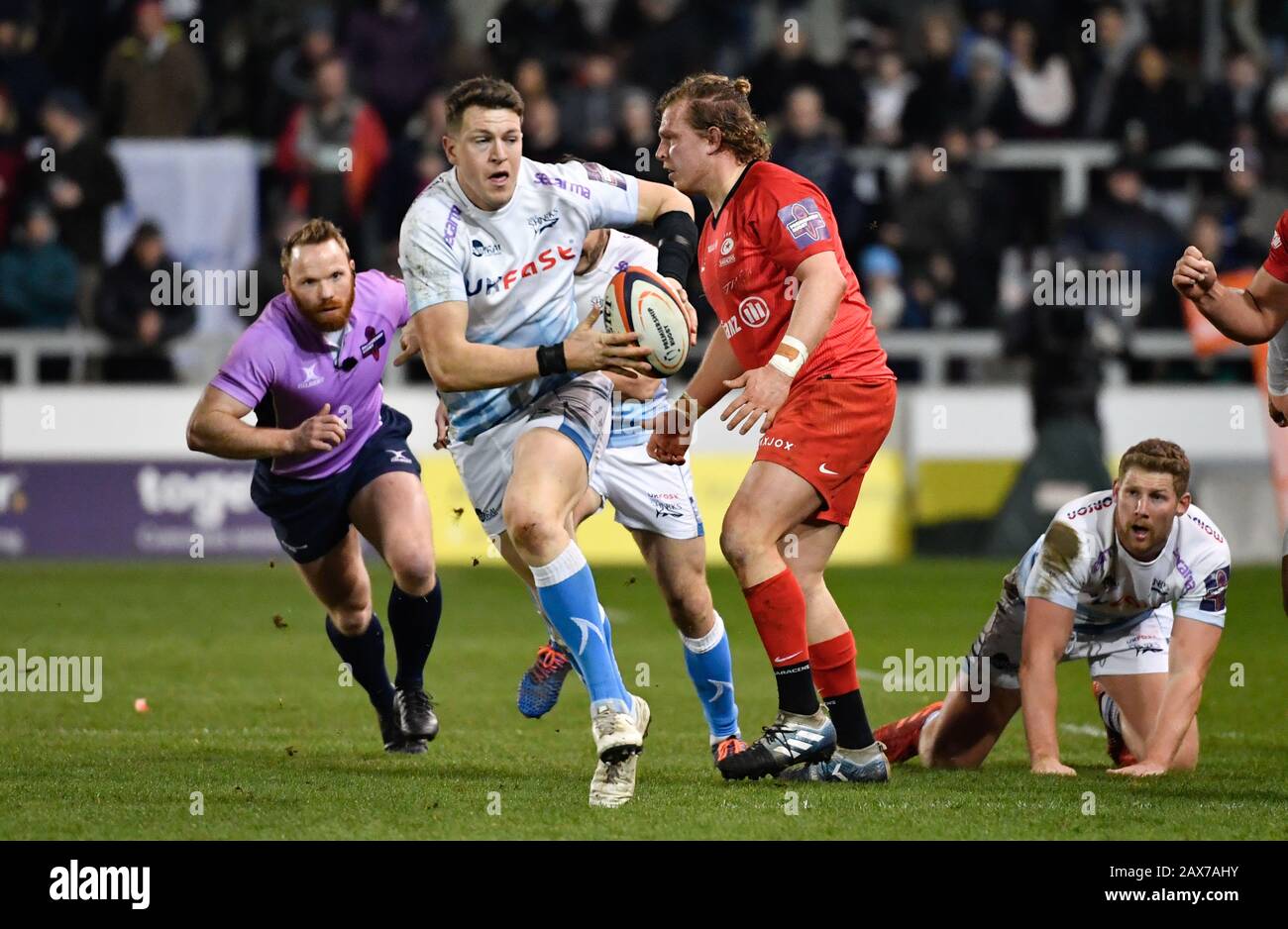 Sale Sharks centre Sam James makes a break during a Premiership Rugby Cup Semi Final  won by Sale 28-7, Friday, Feb. 7, 2020, in Eccles, United Kingdom. (Photo by IOS/ESPA-Images) Stock Photo