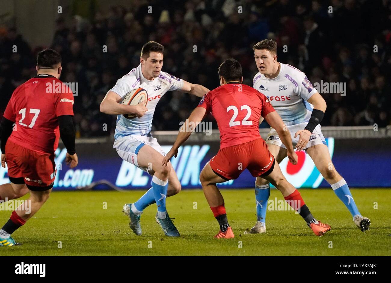 Sale Sharks Luke James runs at  Saracens Alex Lozowski during a Premiership Rugby Cup Semi Final  won by Sale 28-7, Friday, Feb. 7, 2020, in Eccles, United Kingdom. (Photo by IOS/ESPA-Images) Stock Photo