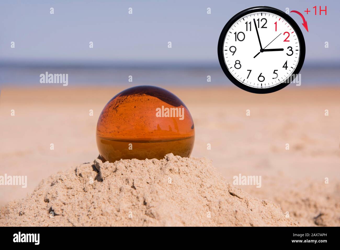 Daylight Saving Time (DST). Blue sky with white clouds and clock. Turn time forward (+1h). Stock Photo