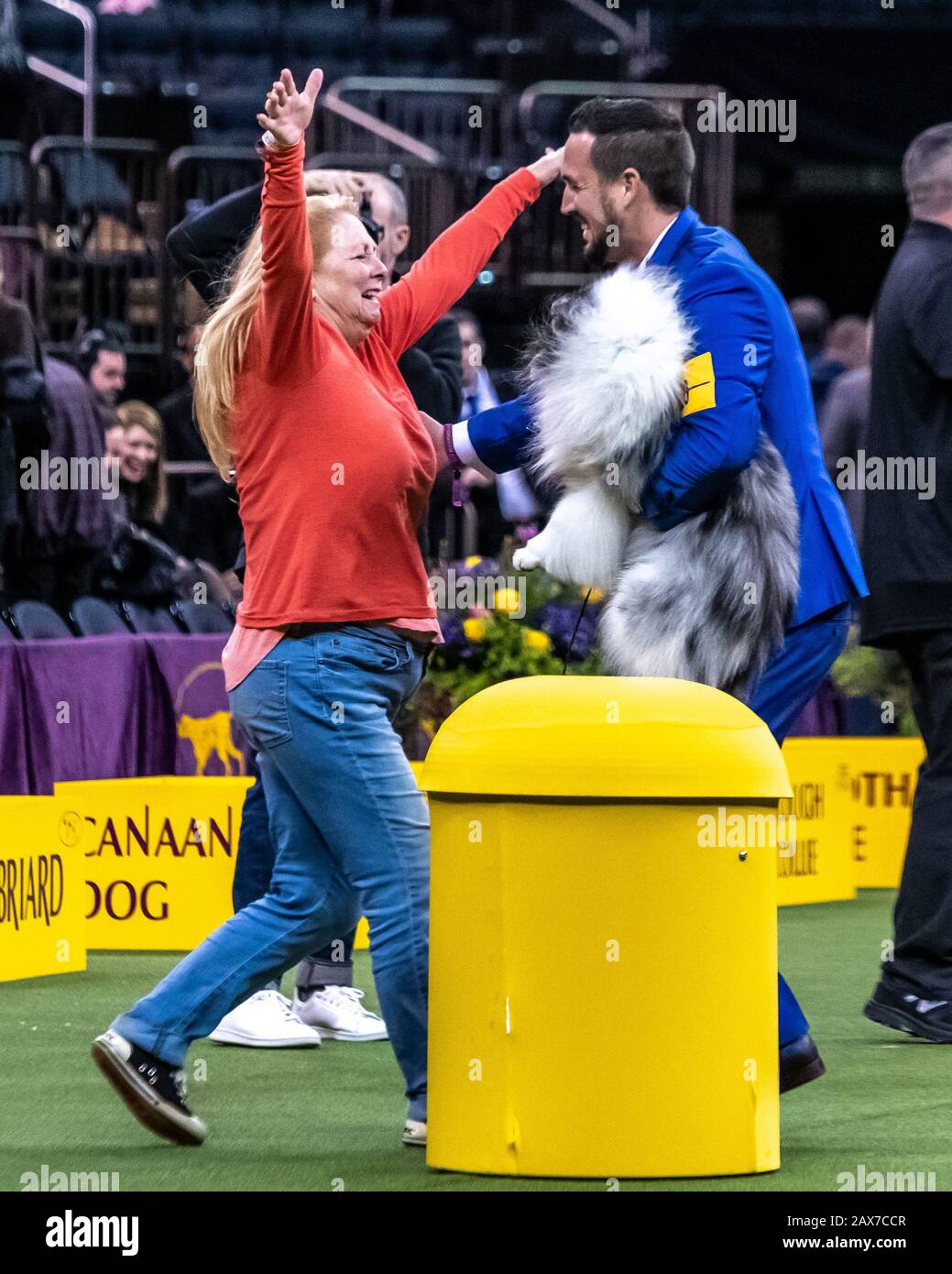 New York, USA. 10th Feb, 2020. Handler and coowner Tyler Crady holds