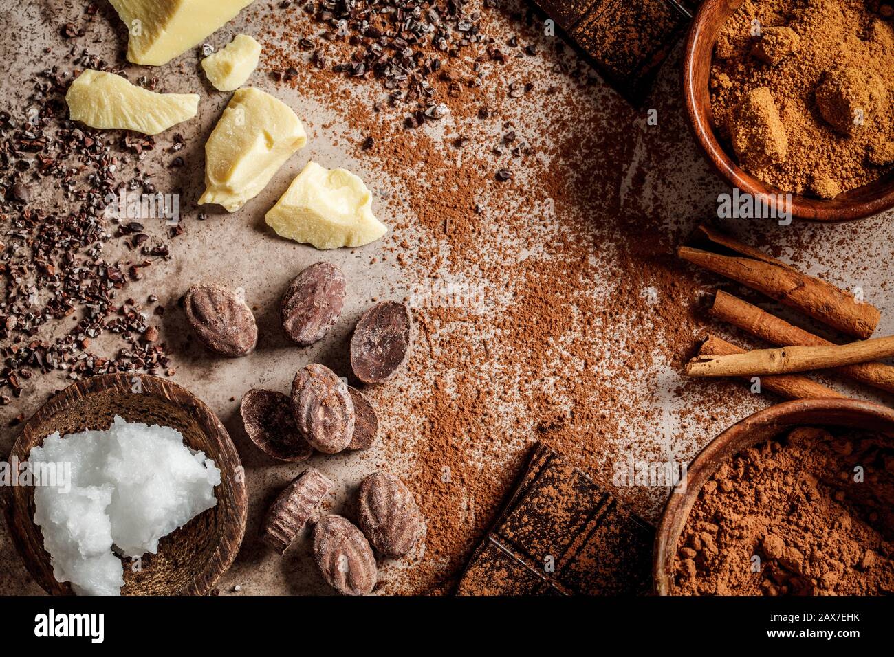 Ingredients for making chocolate background. Cocoa, cocoa butter, sugar