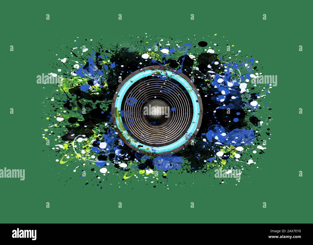 Blue music speaker and splattered paint on a green background Stock Photo