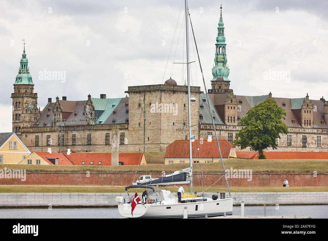Kronborg Helsingor Elsinor castle fortification and sailboat. Denmark Stock Photo