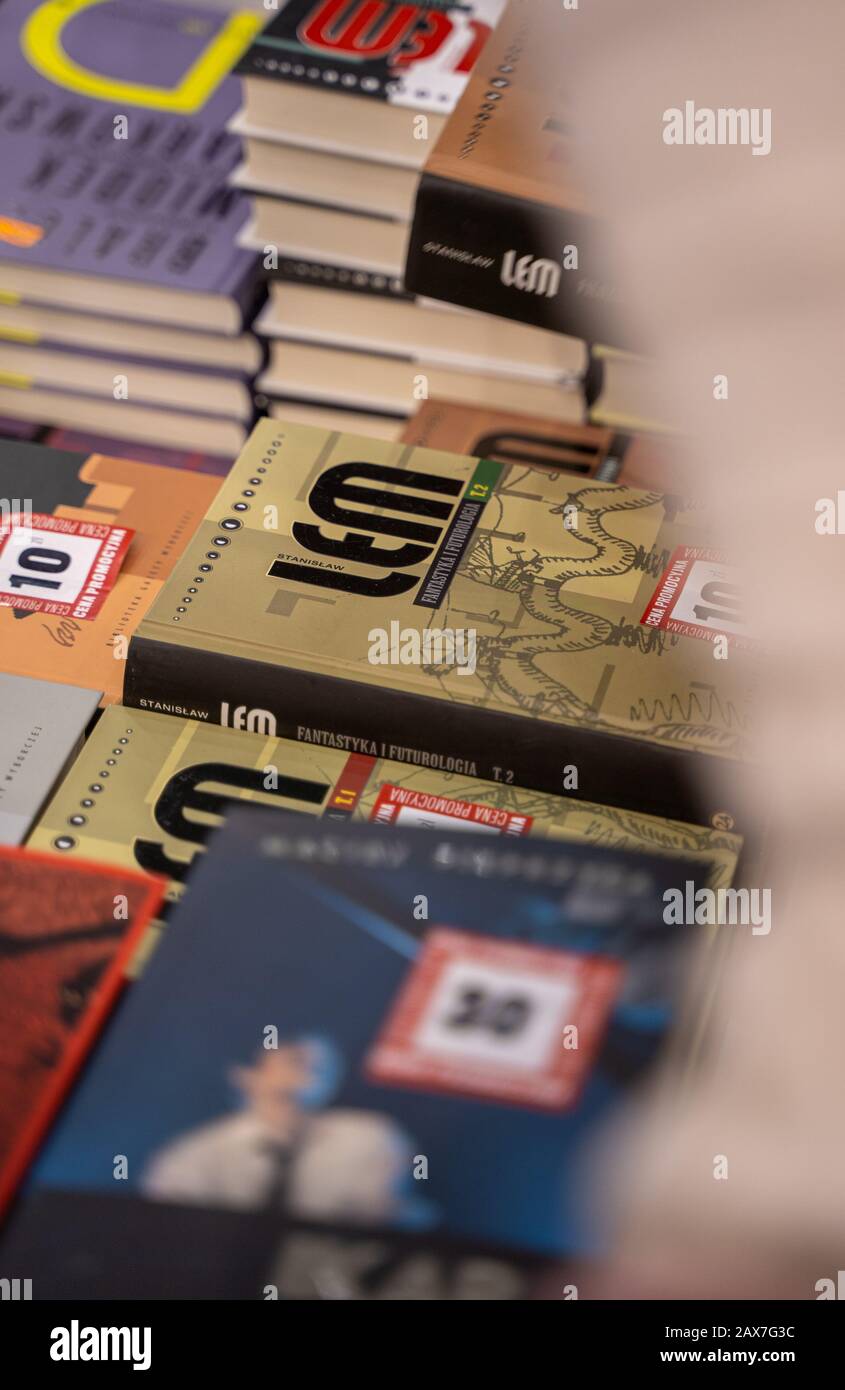 Katowice, Poland - December 6-8, 2019: stack of Stanislaw Lem books during Silesian Book Fair in Katowice in 2019 at International Congress Centre. Stock Photo