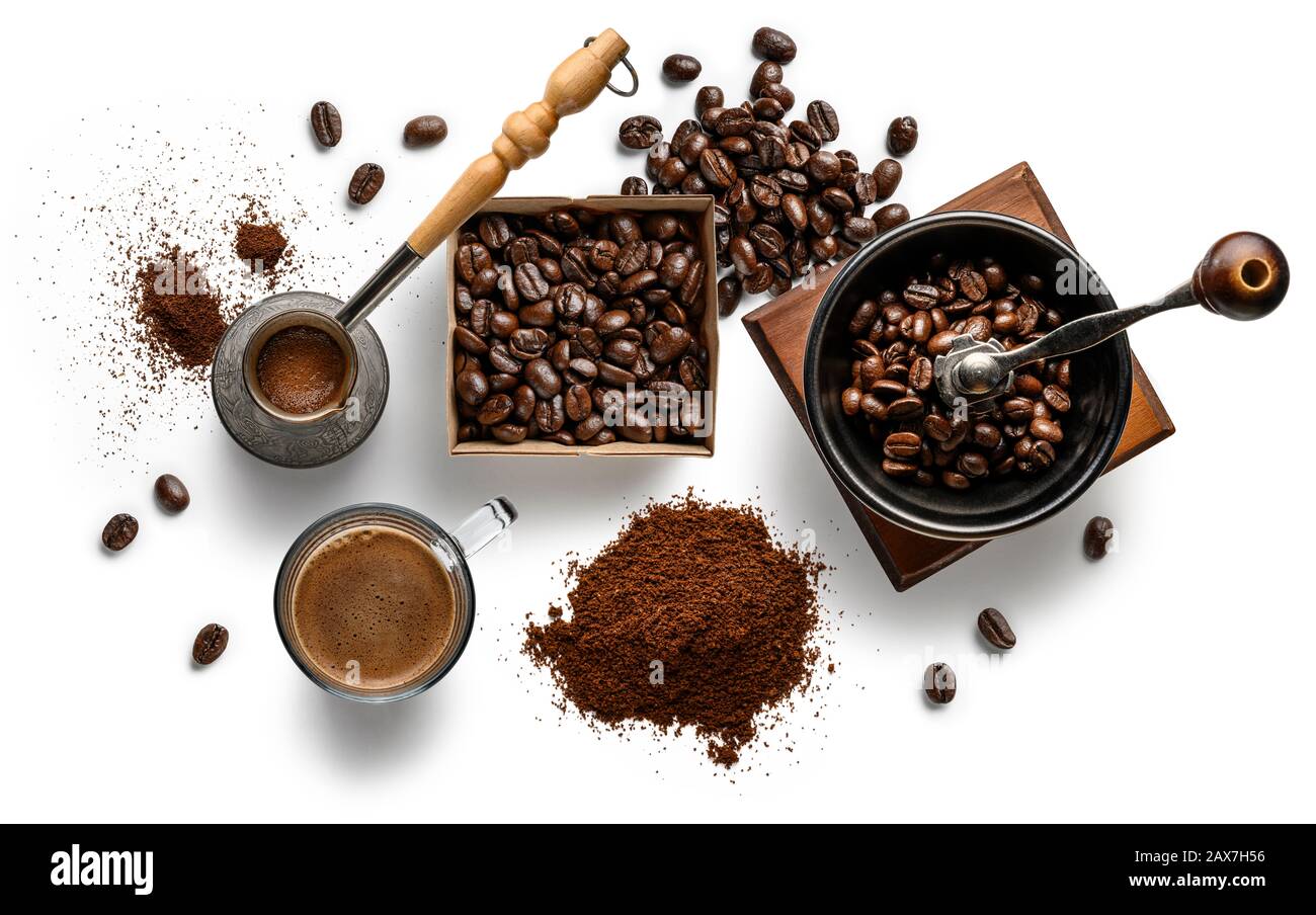 Coffee and accessories top view on white background Stock Photo - Alamy