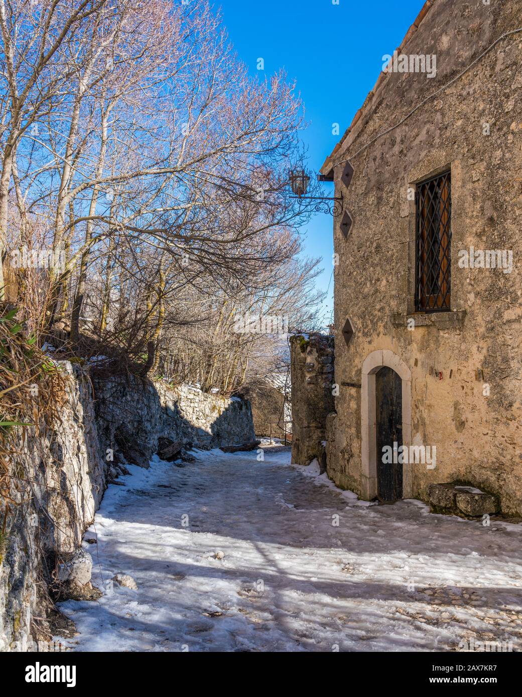 The beautiful village of Calascio on a winter afternoon. Abruzzo, Italy. Stock Photo