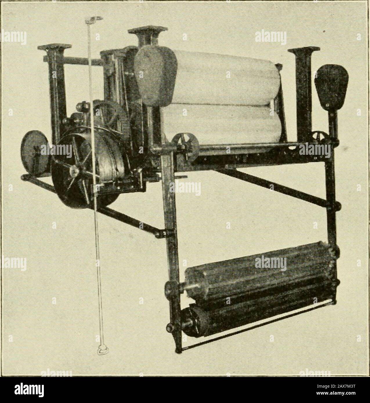 Useful information for cotton manufacturers . The standard sizes of these machines are built to run either twelve, sixteen,or twenty warps. Smaller and simpler machines are also made to run four ormore warps at a time. The machines are usually fitted to drive at a slow and fast speed so thatthey can be started without putting undue tension on the yarn. The fast orrunning speed varies from 25 to 40 yards per minute according to the numberof the yarn and the results to be attained. 999 Atlanta, Ga„ STUART W. CRAMER, Charlotte, N. C. WARP DOUBLING MACHINE.. The warp doubling machine shown in cut Stock Photo