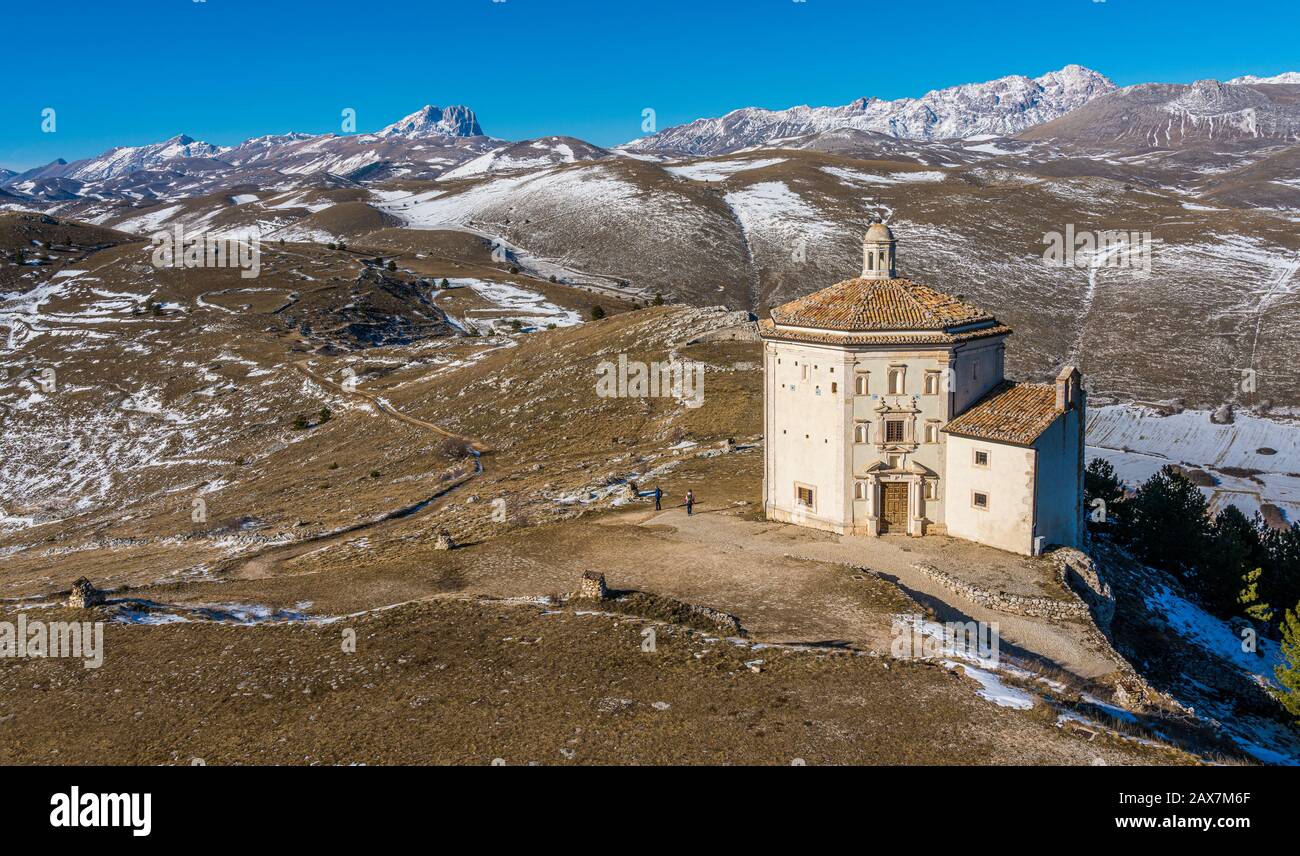 Baptistery of Santa Maria della Pietà near Rocca Calascio on a sunny winter afternoon. Abruzzo, Italy. Stock Photo