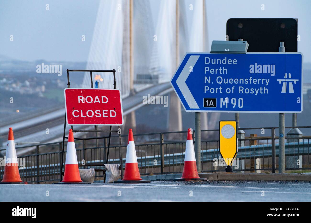 South Queensferry, Scotland, UK. 11 February, 2020.  Queensferry Crossing bridge closed to all traffic in both directions because of danger of falling ice from overhead supporting cables. Several cars have been damaged by falling ice during Storm Ciara.Traffic is being diverted via Kincardine Bridge.  Iain Masterton/Alamy Live News. Stock Photo