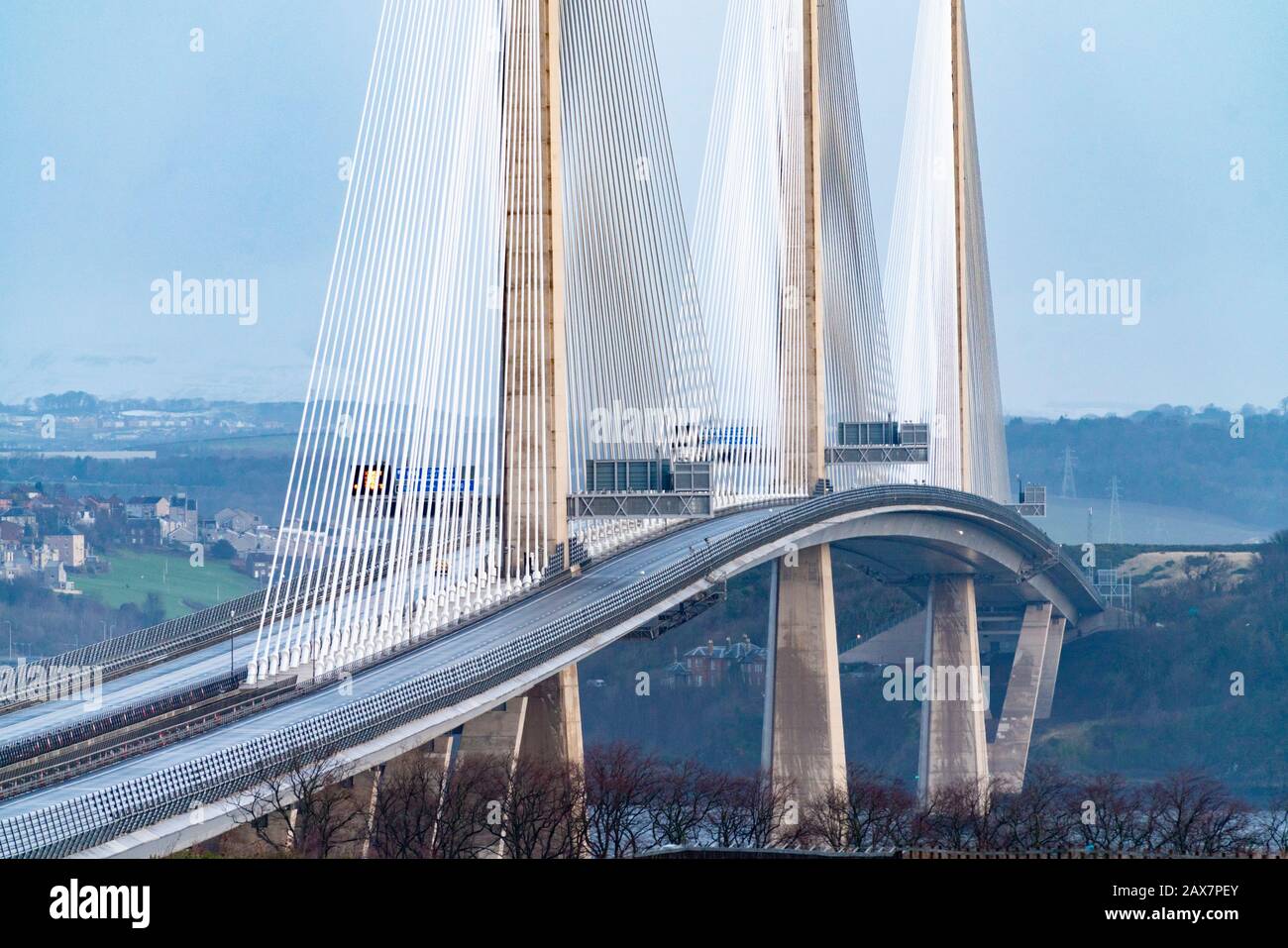 South Queensferry, Scotland, UK. 11 February, 2020.  Queensferry Crossing bridge closed to all traffic in both directions because of danger of falling ice from overhead supporting cables. Several cars have been damaged by falling ice during Storm Ciara.Traffic is being diverted via Kincardine Bridge.  Iain Masterton/Alamy Live News. Stock Photo