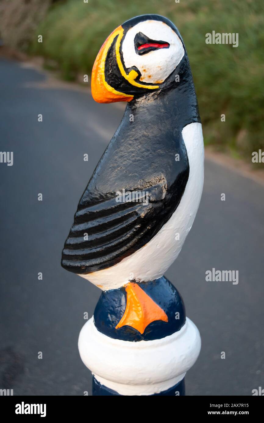 Puffin statue on top of bollard, Newbigginbythesea, Northumberland