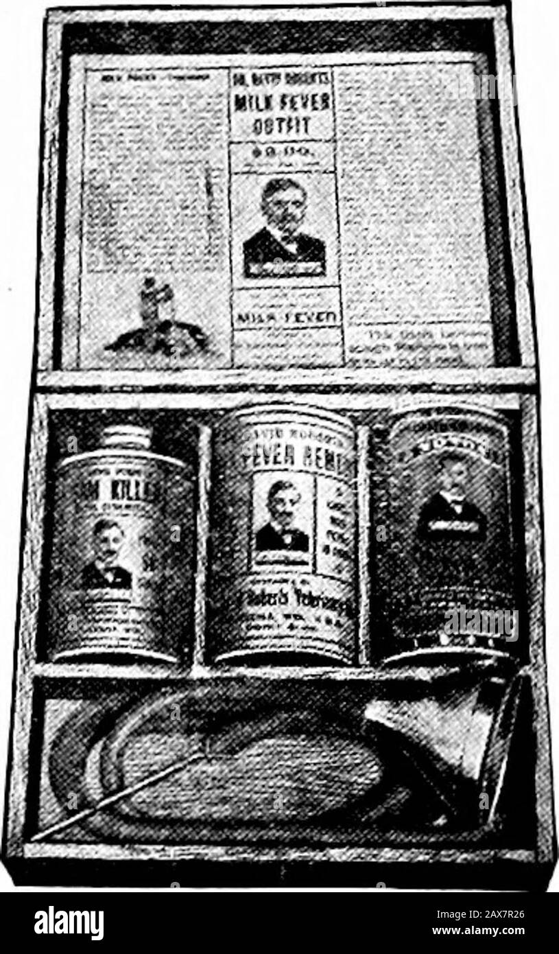 DrDavid Roberts' practical home veterinarian . Price50 Cents UNEXCELLED FOR Sore Teats, Cow Pox, Caked or Inflamed Udder in Cows, Galls, Scratches, CrackedHeel, Sore Neck, Cuts, Wounds, Inflamed Swelling and all kinds of diseases in Cattleand Horses. An excellent Healing Balm for general family use in the following Skin Diseases:Piles, Salt Rheum, Eczema, Erysipelas, Scrofulous Ulcers, Ringworm, Wounds, Cuts,Bruises, Boils, Chaps, Sunburn, Chilblains, Frost-bites and bites of poisonous insects. Use Badger Balm freely. It is soothing and healing. It should be in every household. DR. DAVID ROBER Stock Photo
