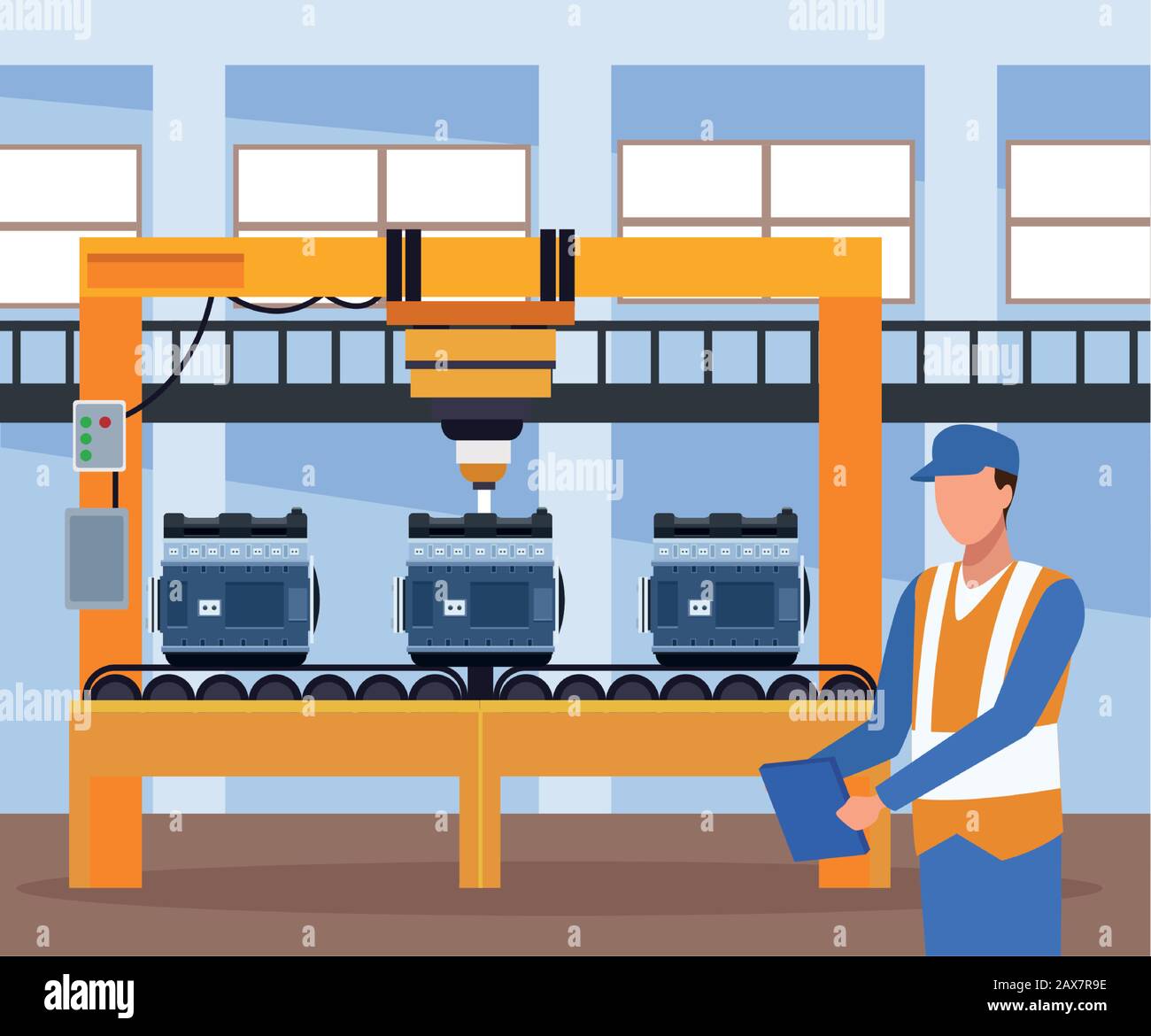 car repair shop scenery with machine with car motors and mechanic