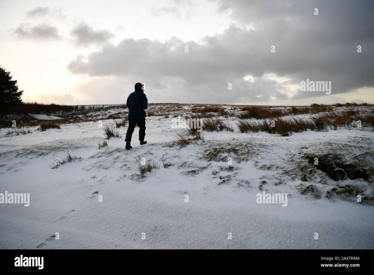 A walker crosses the moors near Princetown on the top of Dartmoor, Devon, where snow has fallen on high ground. Stock Photo