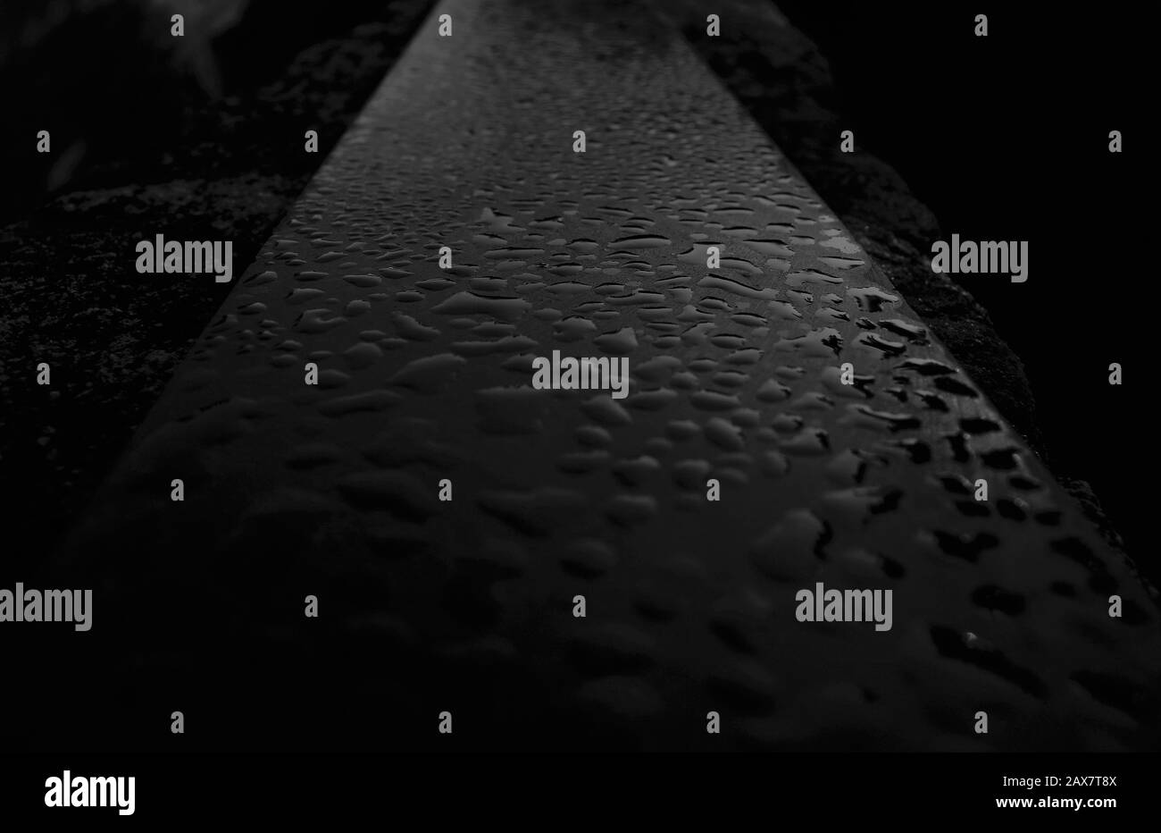 Dew drops on a granite slate, granite, stone, black and white Stock Photo