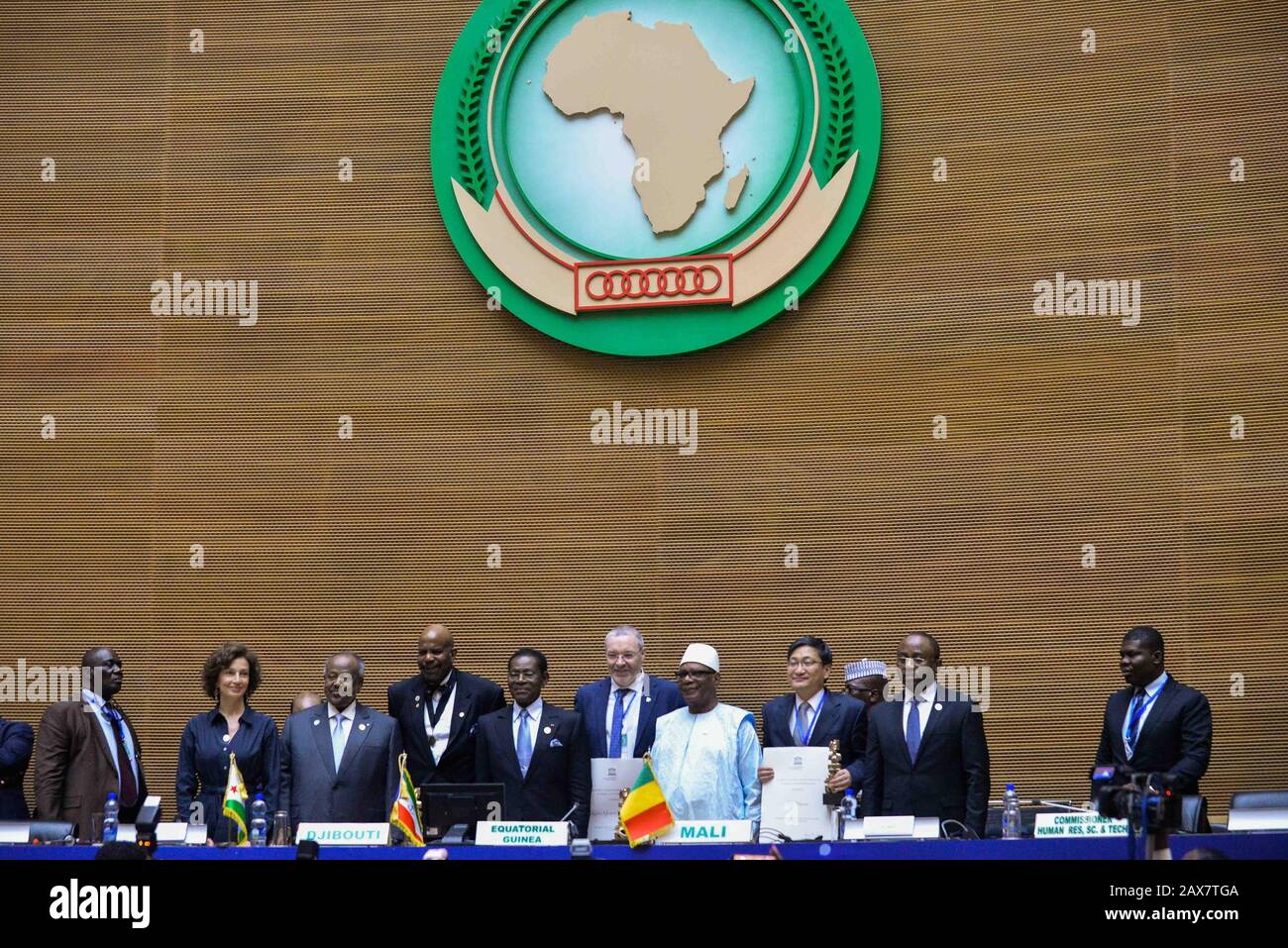 Addis Ababa, Ethiopia. 10th Feb, 2020. Officials of UNESCO and African Union pose for photo with prize winners and representatives in Addis Ababa, Ethiopia, Feb. 10, 2020. Chinese Nobel laureate Tu Youyou has been awarded the UNESCO-Equatorial Guinea International Prize for Research in the Life Sciences for her research into parasitic diseases. Credit: Michael Tewelde/Xinhua/Alamy Live News Stock Photo