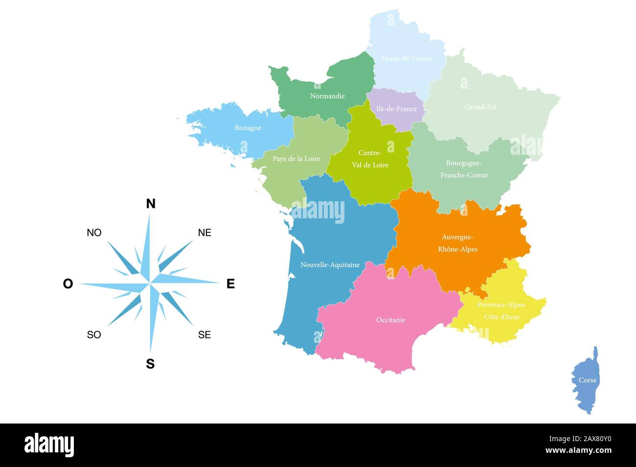 Detailed map of the 13 regions of France - reformed - editable colored illustration and useful for designers Stock Photo