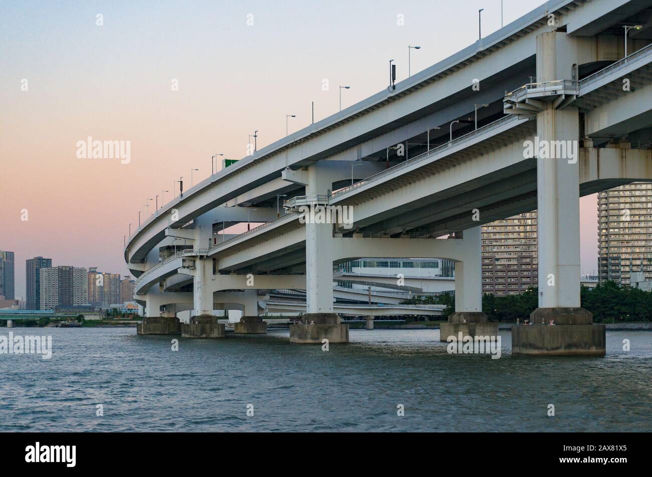 Close up of multi level bridge. Modern urban infrastructure. Rainbow ...