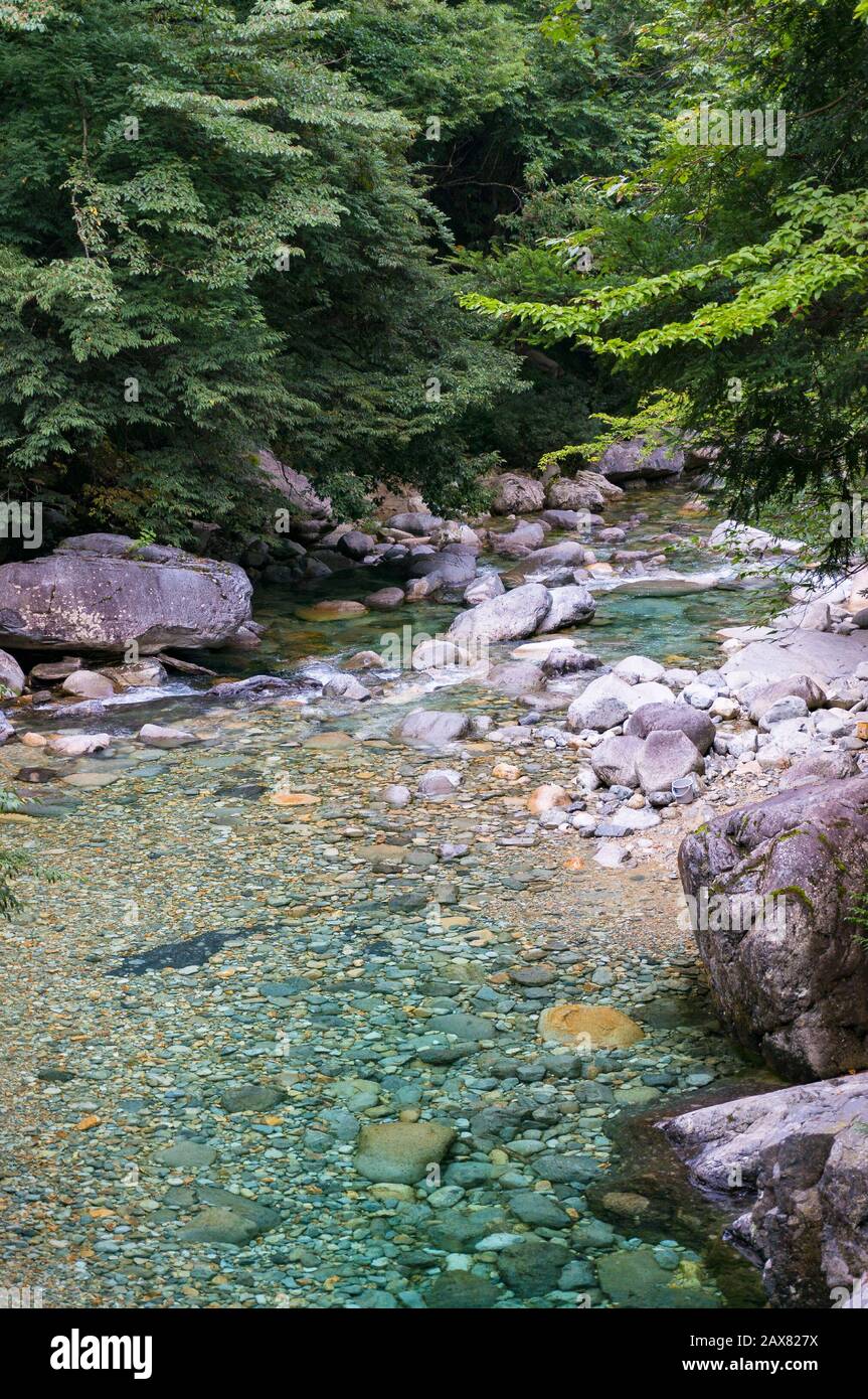 Crystal clear blue water of river in forest.Ookuwa, Nagano prefecture, Japan Stock Photo
