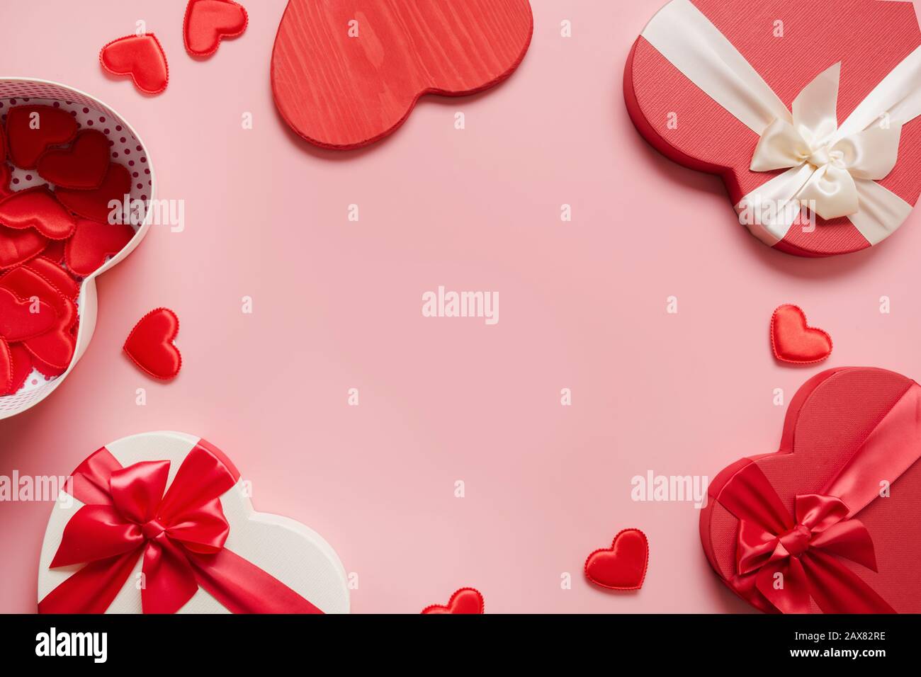 Valentines day greeting card. Frame of red gift boxes heart shaped and ...