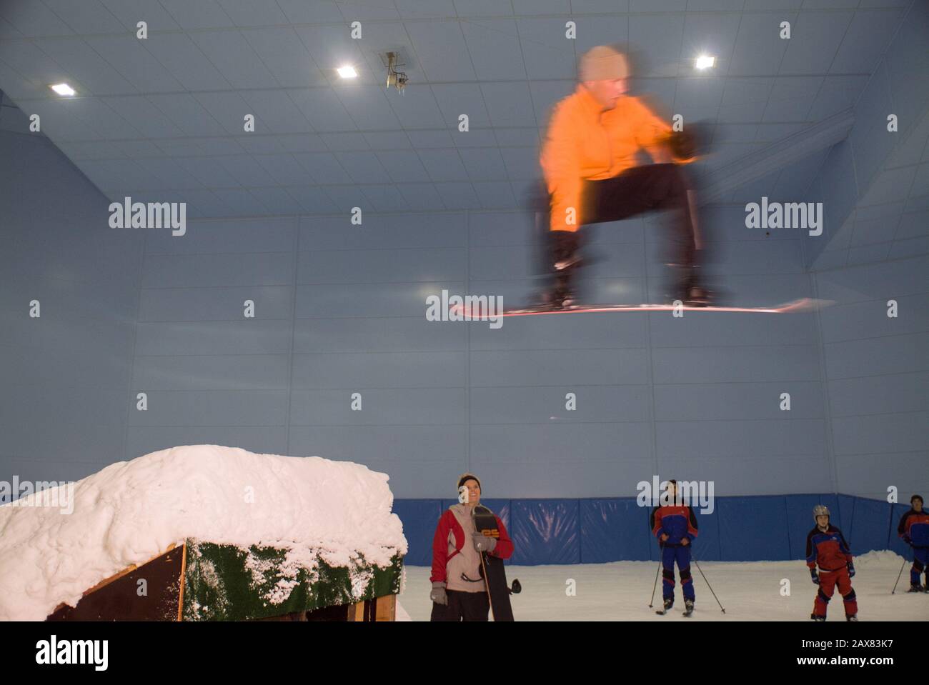 Snowboard Jumping at Ski Dubai Mall of the Emirates. Dubai, UAE Stock